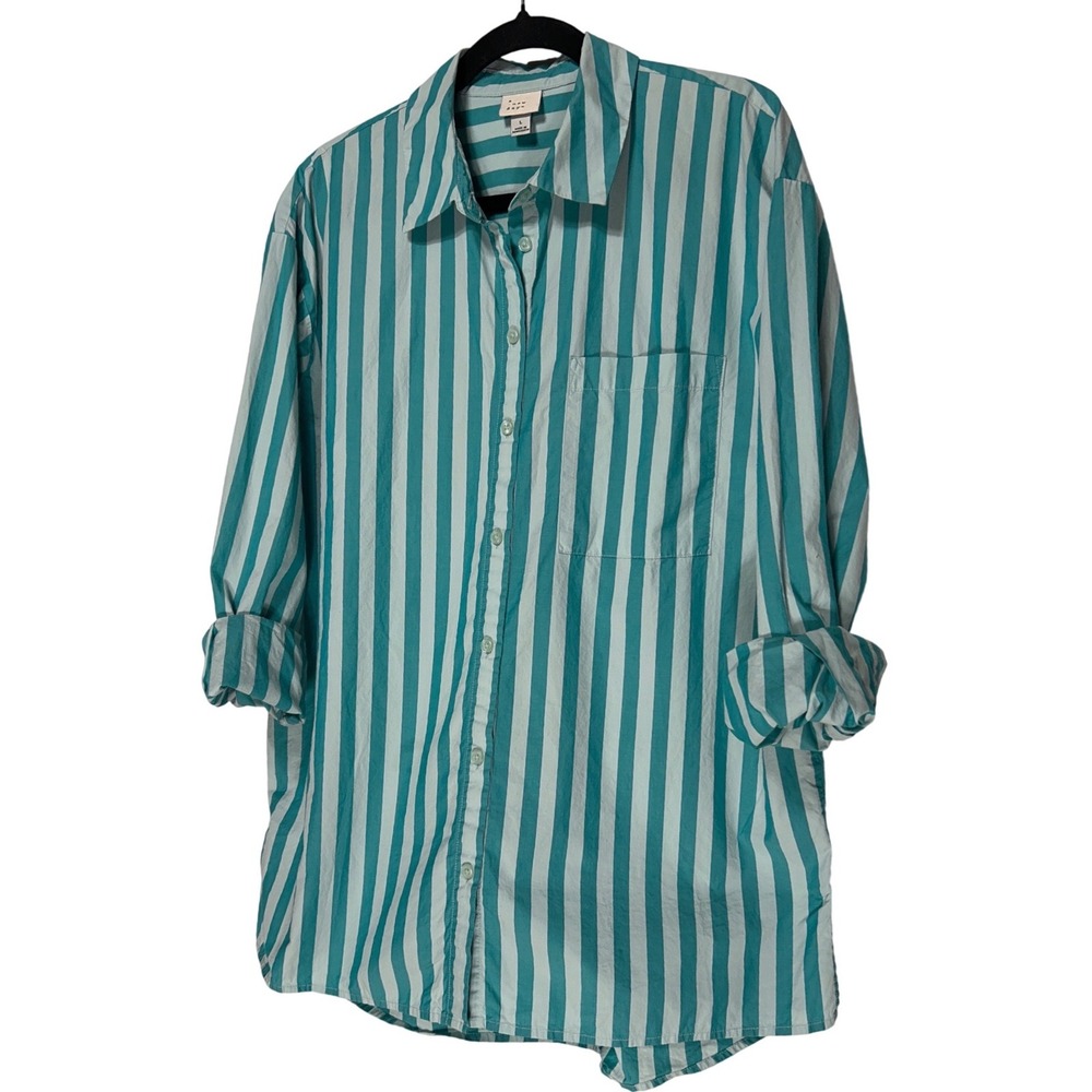 A New Day Women's Teal Striped Cotton Button Down Shirt Large
